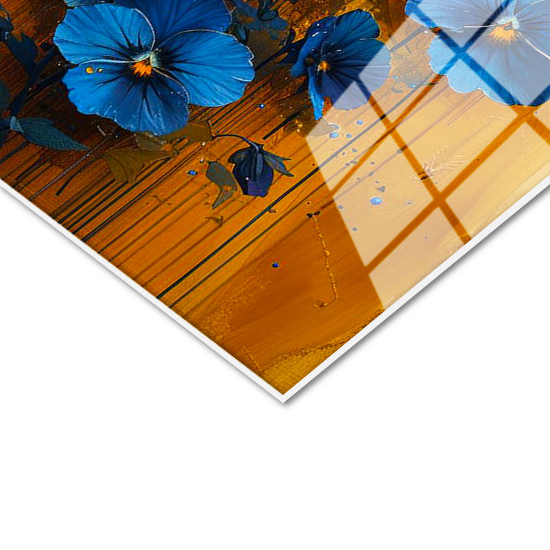 Tamperli Gerçek Cam Tablo Sarı Zeminli Mavi Menekşeler Çiçek Tablosu Duvar Dekoru