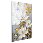 Tamperli Gerçek Cam Tablo Kabartma Görünümlü Altın Manolya Çiçek Tablosu Duvar Dekoru