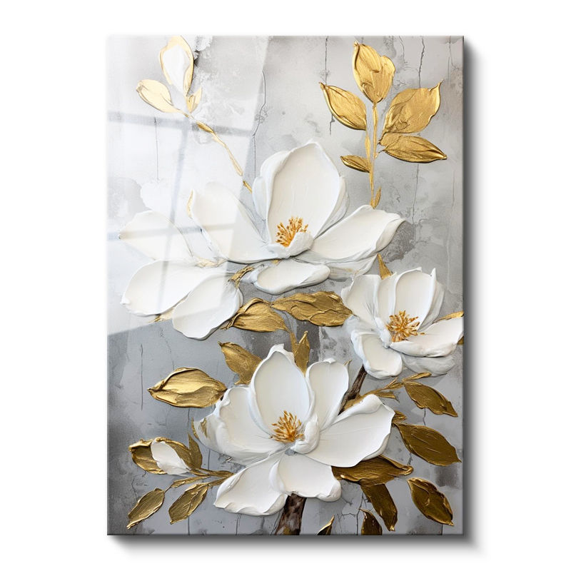 Tamperli Gerçek Cam Tablo Kabartma Görünümlü Altın Manolya Çiçek Tablosu Duvar Dekoru