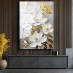 Tamperli Gerçek Cam Tablo Kabartma Görünümlü Altın Manolya Çiçek Tablosu Duvar Dekoru
