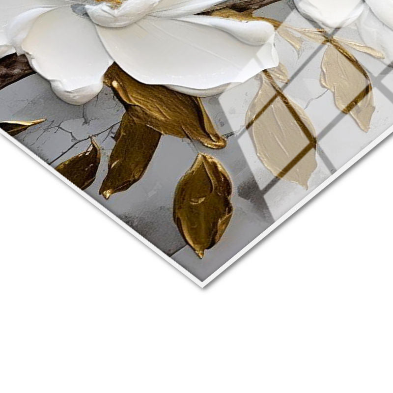 Tamperli Gerçek Cam Tablo Kabartma Görünümlü Altın Manolya Çiçek Tablosu Duvar Dekoru