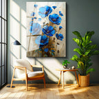 Tamperli Gerçek Cam Tablo Canlı Mavi Kır Çiçeği Buketi Çiçek Tablosu Duvar Dekoru