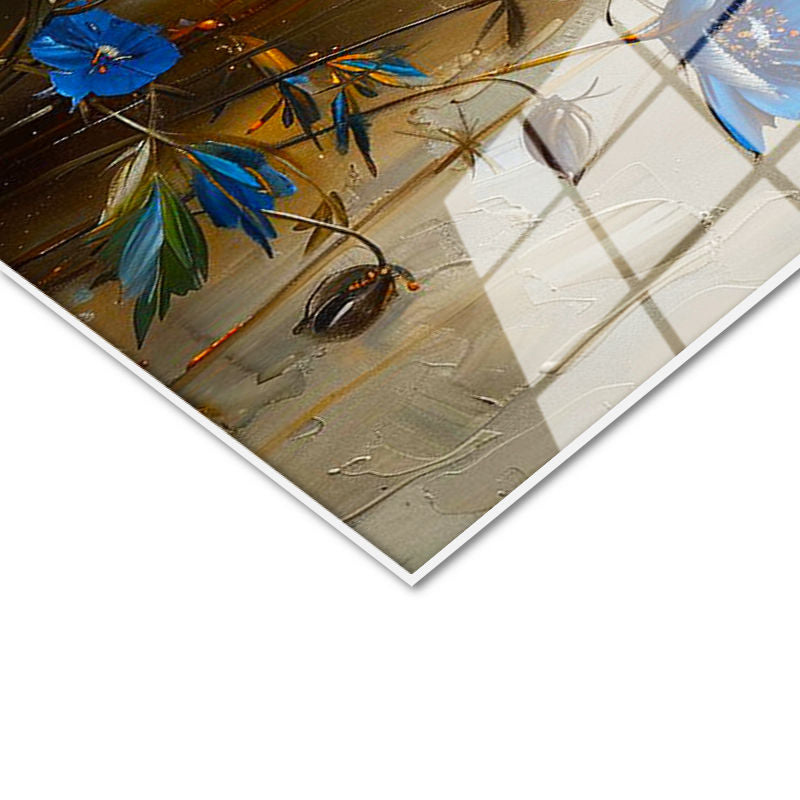 Tamperli Gerçek Cam Tablo Canlı Mavi Kır Çiçeği Buketi Çiçek Tablosu Duvar Dekoru