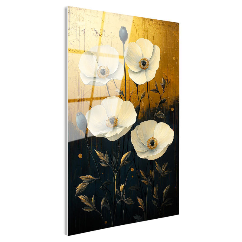 Tamperli Gerçek Cam Tablo Eskitme Altın Zeminli Beyaz Gelincik Çiçek Tablosu Duvar Dekoru