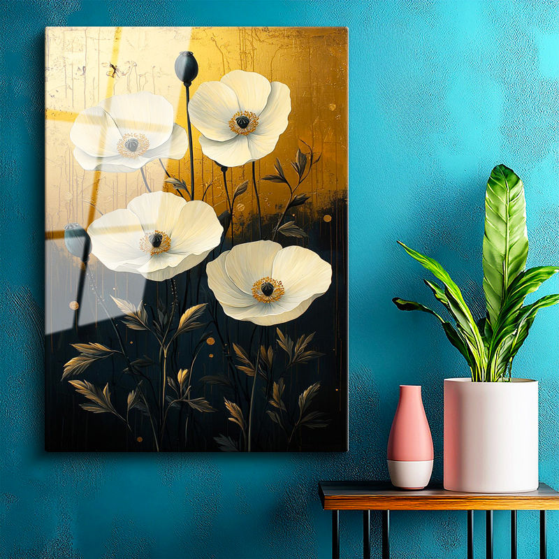 Tamperli Gerçek Cam Tablo Eskitme Altın Zeminli Beyaz Gelincik Çiçek Tablosu Duvar Dekoru
