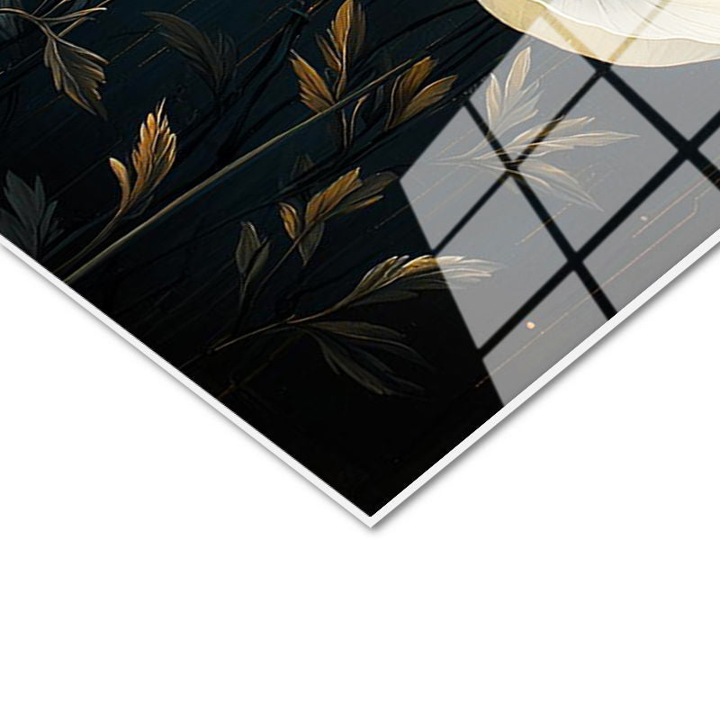 Tamperli Gerçek Cam Tablo Eskitme Altın Zeminli Beyaz Gelincik Çiçek Tablosu Duvar Dekoru