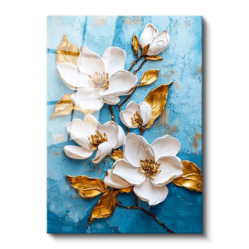 Tamperli Gerçek Cam Tablo Kabartma Görünümlü Mavi Beyaz Çiçekler Çiçek Tablosu Duvar Dekoru