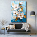 Tamperli Gerçek Cam Tablo Kabartma Görünümlü Mavi Beyaz Çiçekler Çiçek Tablosu Duvar Dekoru