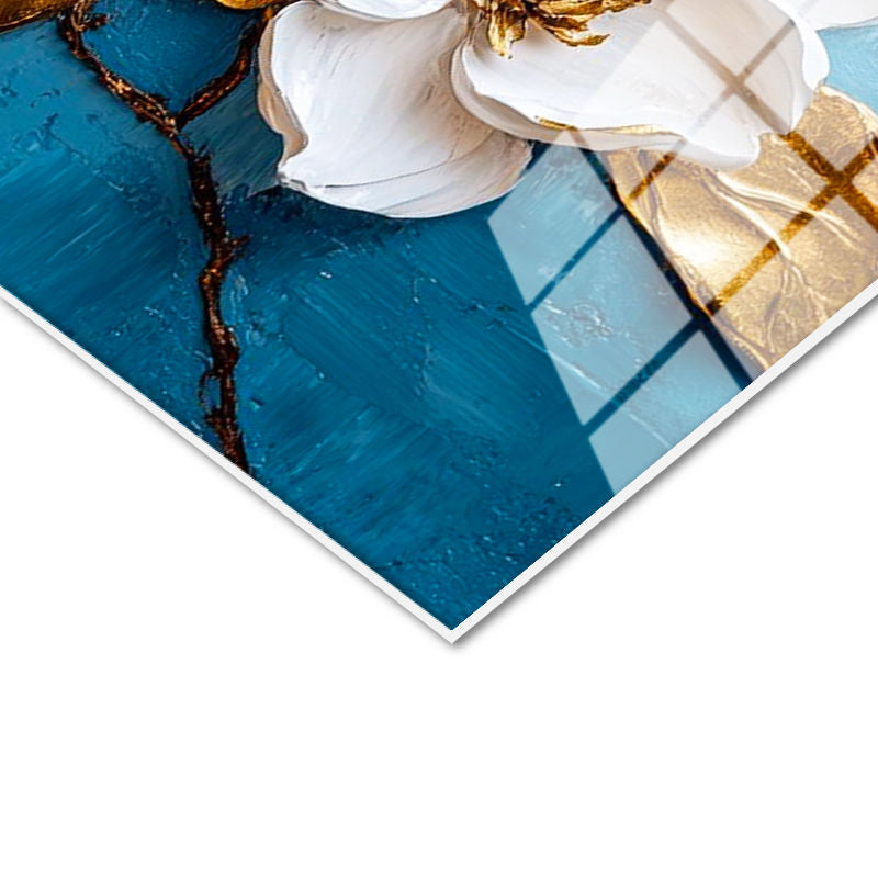 Tamperli Gerçek Cam Tablo Kabartma Görünümlü Mavi Beyaz Çiçekler Çiçek Tablosu Duvar Dekoru
