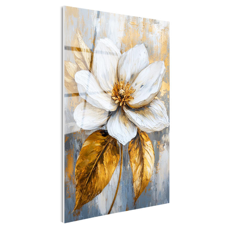 Tamperli Gerçek Cam Tablo Gri Zeminli Altın Yapraklı Manolya Çiçek Tablosu Duvar Dekoru
