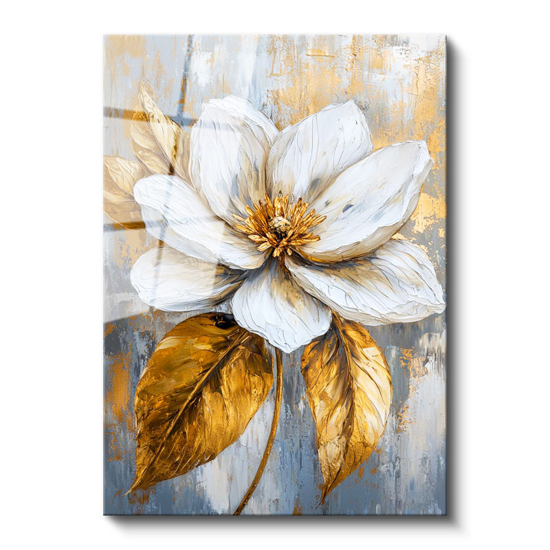 Tamperli Gerçek Cam Tablo Gri Zeminli Altın Yapraklı Manolya Çiçek Tablosu Duvar Dekoru