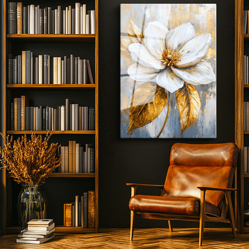Tamperli Gerçek Cam Tablo Gri Zeminli Altın Yapraklı Manolya Çiçek Tablosu Duvar Dekoru