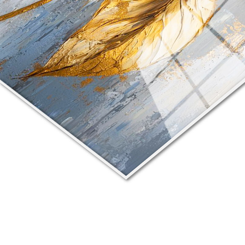 Tamperli Gerçek Cam Tablo Gri Zeminli Altın Yapraklı Manolya Çiçek Tablosu Duvar Dekoru