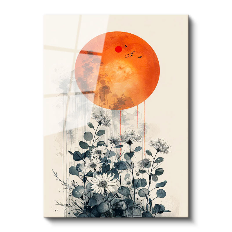 Tamperli Gerçek Cam Tablo Turuncu Dolunay ve Gri Kır Çiçekleri Çiçek Tablosu Duvar Dekoru