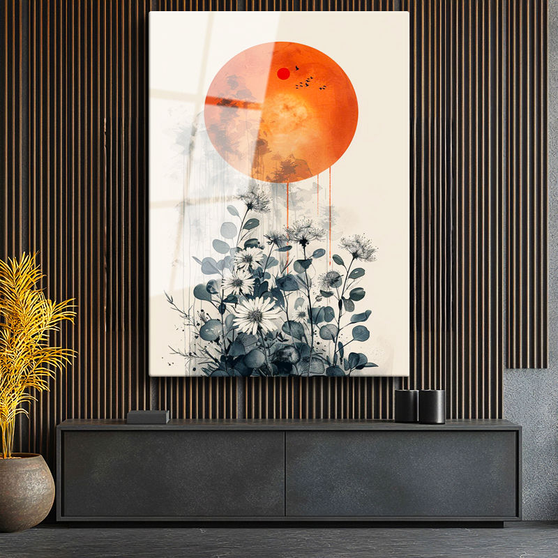 Tamperli Gerçek Cam Tablo Turuncu Dolunay ve Gri Kır Çiçekleri Çiçek Tablosu Duvar Dekoru