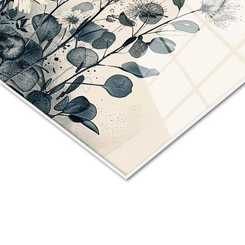Tamperli Gerçek Cam Tablo Turuncu Dolunay ve Gri Kır Çiçekleri Çiçek Tablosu Duvar Dekoru