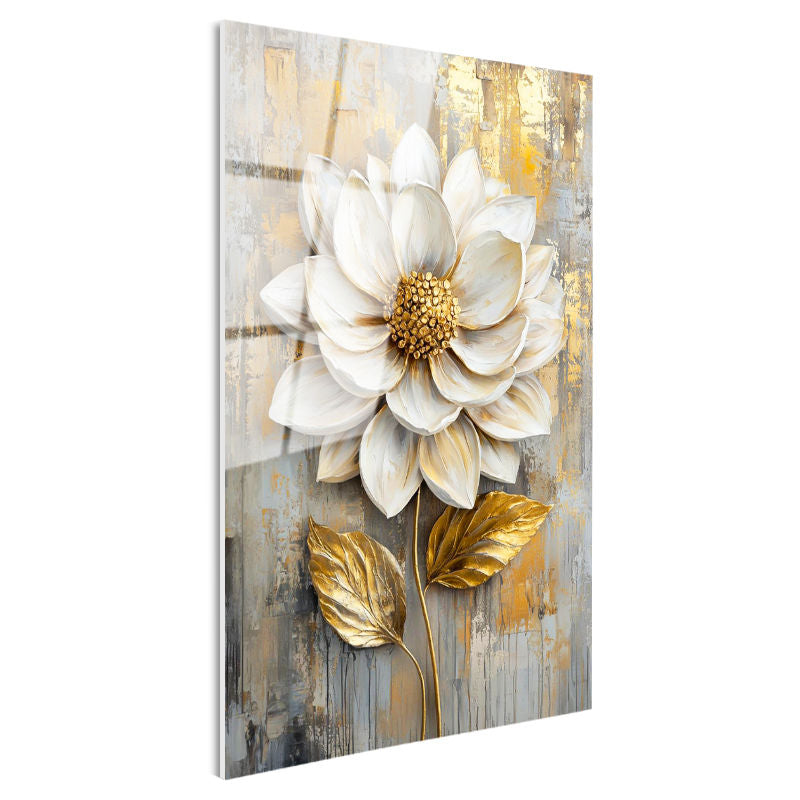 Tamperli Gerçek Cam Tablo Kabartma Görünümlü Altın Beyaz Çiçek Tablosu Duvar Dekoru