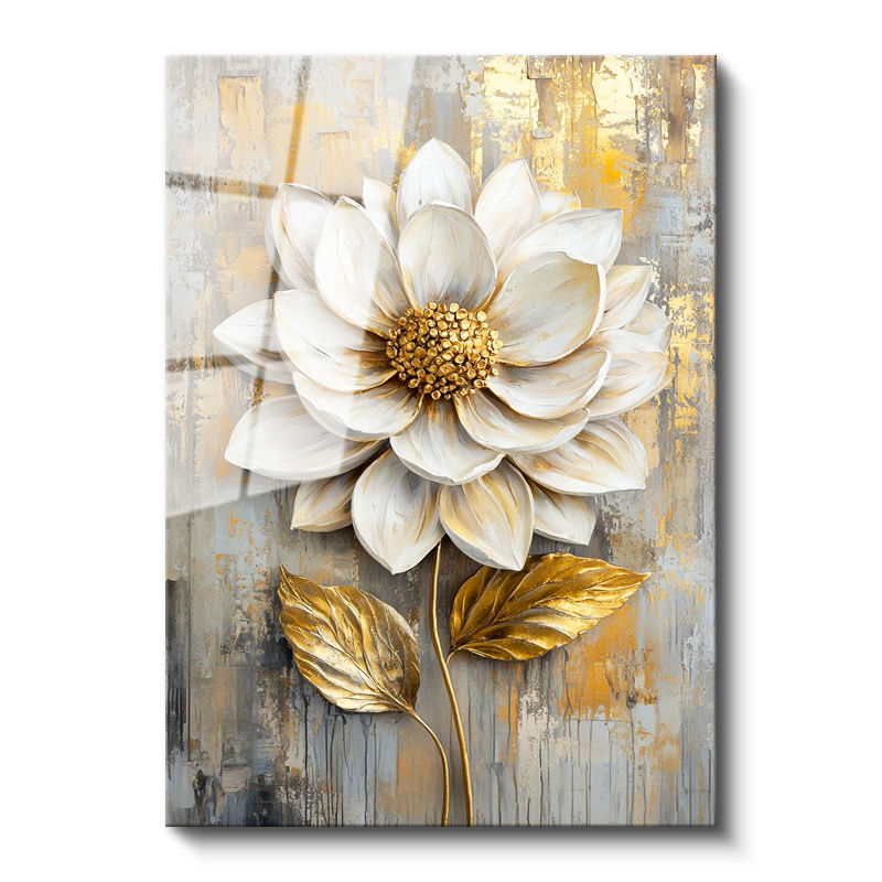 Tamperli Gerçek Cam Tablo Kabartma Görünümlü Altın Beyaz Çiçek Tablosu Duvar Dekoru