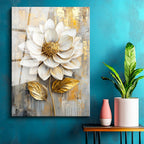 Tamperli Gerçek Cam Tablo Kabartma Görünümlü Altın Beyaz Çiçek Tablosu Duvar Dekoru