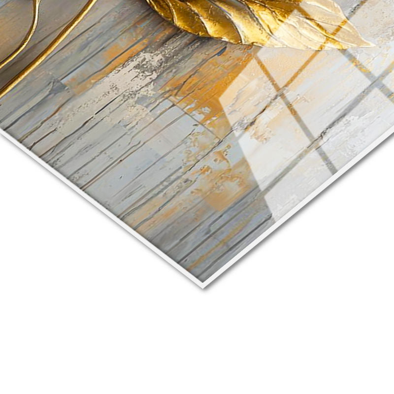 Tamperli Gerçek Cam Tablo Kabartma Görünümlü Altın Beyaz Çiçek Tablosu Duvar Dekoru