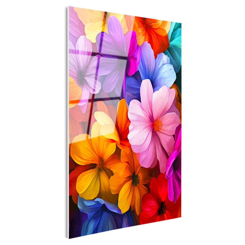 Tamperli Gerçek Cam Tablo Rengarenk Kozmos Çiçekleri Deseni Çiçek Tablosu Duvar Dekoru