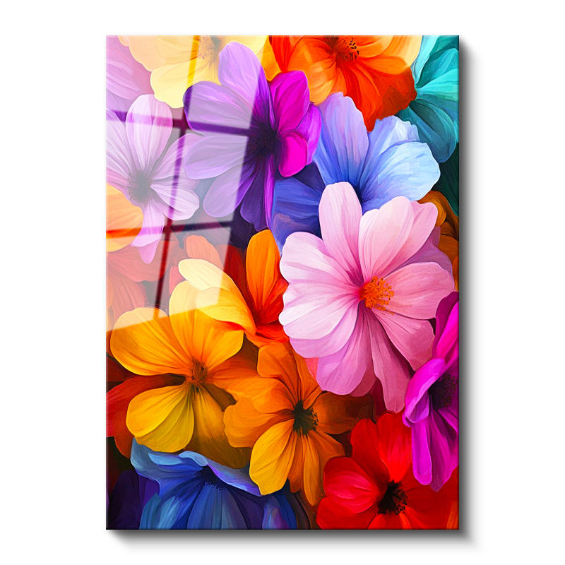 Tamperli Gerçek Cam Tablo Rengarenk Kozmos Çiçekleri Deseni Çiçek Tablosu Duvar Dekoru