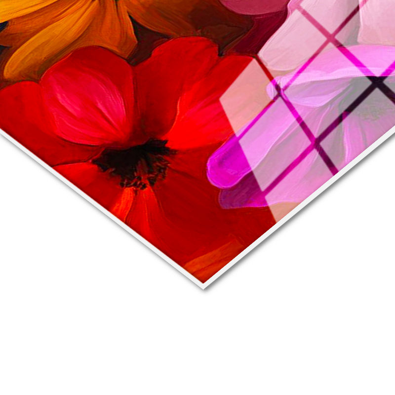 Tamperli Gerçek Cam Tablo Rengarenk Kozmos Çiçekleri Deseni Çiçek Tablosu Duvar Dekoru