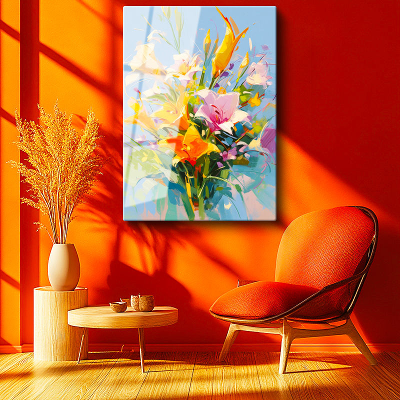 Tamperli Gerçek Cam Tablo Soyut Fırça Darbeli Renkli Çiçekler Çiçek Tablosu Duvar Dekoru
