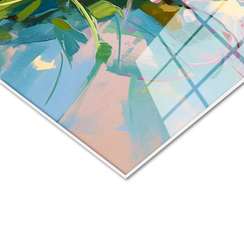 Tamperli Gerçek Cam Tablo Soyut Fırça Darbeli Renkli Çiçekler Çiçek Tablosu Duvar Dekoru