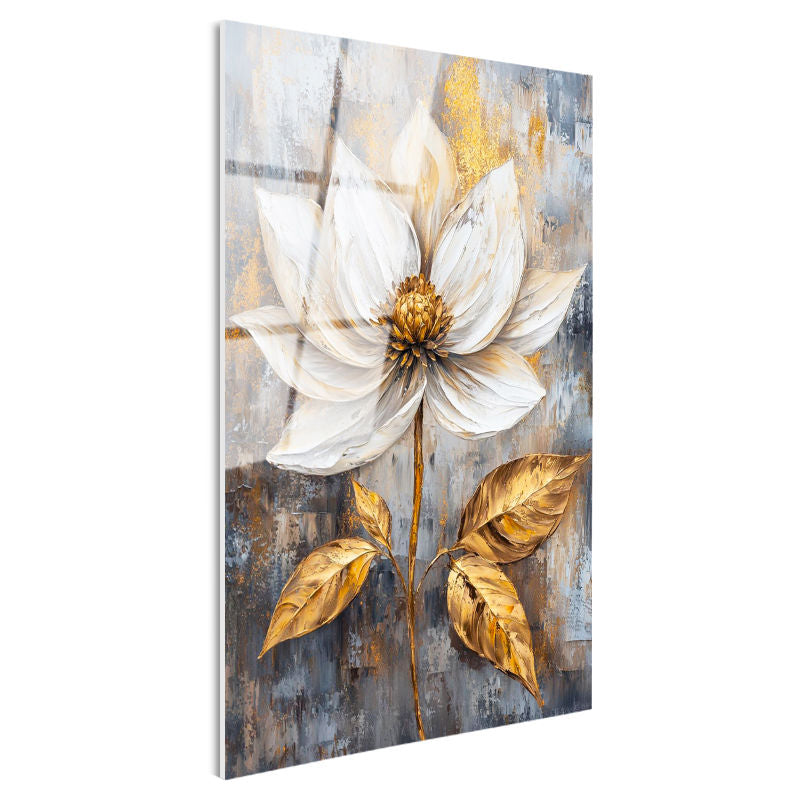 Tamperli Gerçek Cam Tablo Altın Dokulu Beyaz Nilüfer Çiçek Tablosu Duvar Dekoru