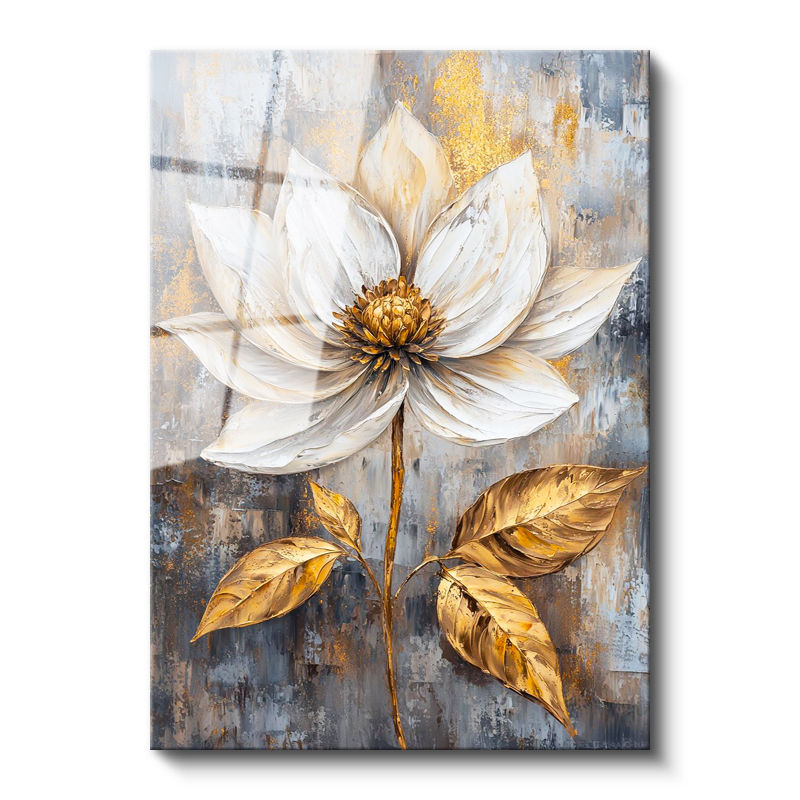 Tamperli Gerçek Cam Tablo Altın Dokulu Beyaz Nilüfer Çiçek Tablosu Duvar Dekoru