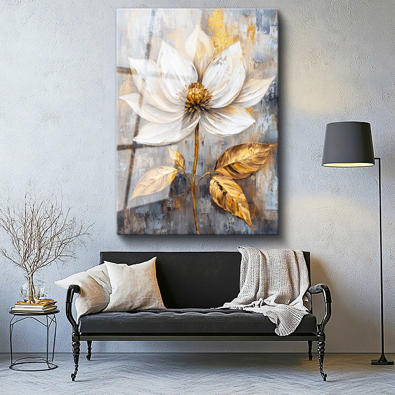 Tamperli Gerçek Cam Tablo Altın Dokulu Beyaz Nilüfer Çiçek Tablosu Duvar Dekoru