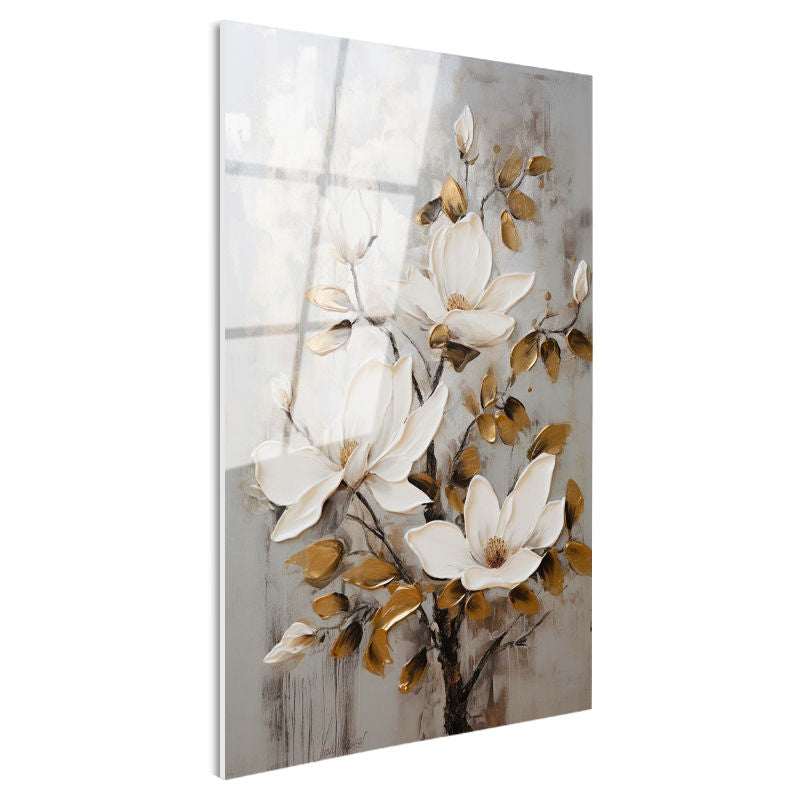 Tamperli Gerçek Cam Tablo Dekoratif Altın Yapraklı Manolya Çiçek Tablosu Duvar Dekoru
