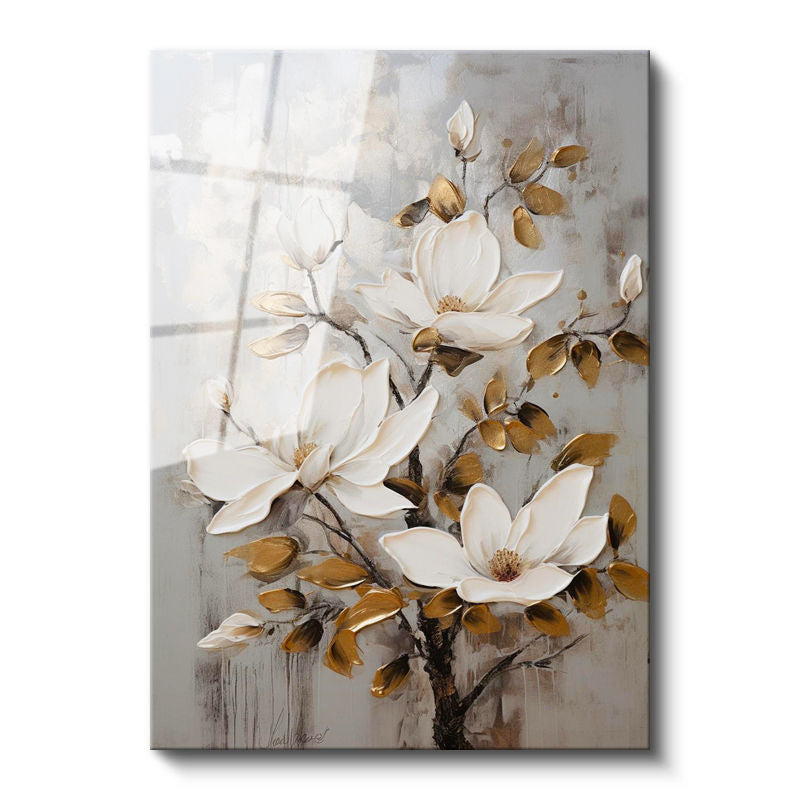 Tamperli Gerçek Cam Tablo Dekoratif Altın Yapraklı Manolya Çiçek Tablosu Duvar Dekoru