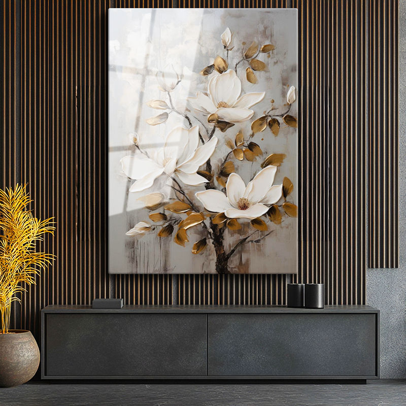 Tamperli Gerçek Cam Tablo Dekoratif Altın Yapraklı Manolya Çiçek Tablosu Duvar Dekoru