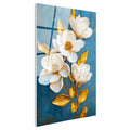 Tamperli Gerçek Cam Tablo Mavi Zeminli Altın Manolya Çiçek Tablosu Duvar Dekoru