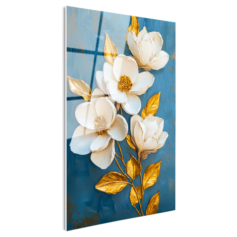 Tamperli Gerçek Cam Tablo Mavi Zeminli Altın Manolya Çiçek Tablosu Duvar Dekoru