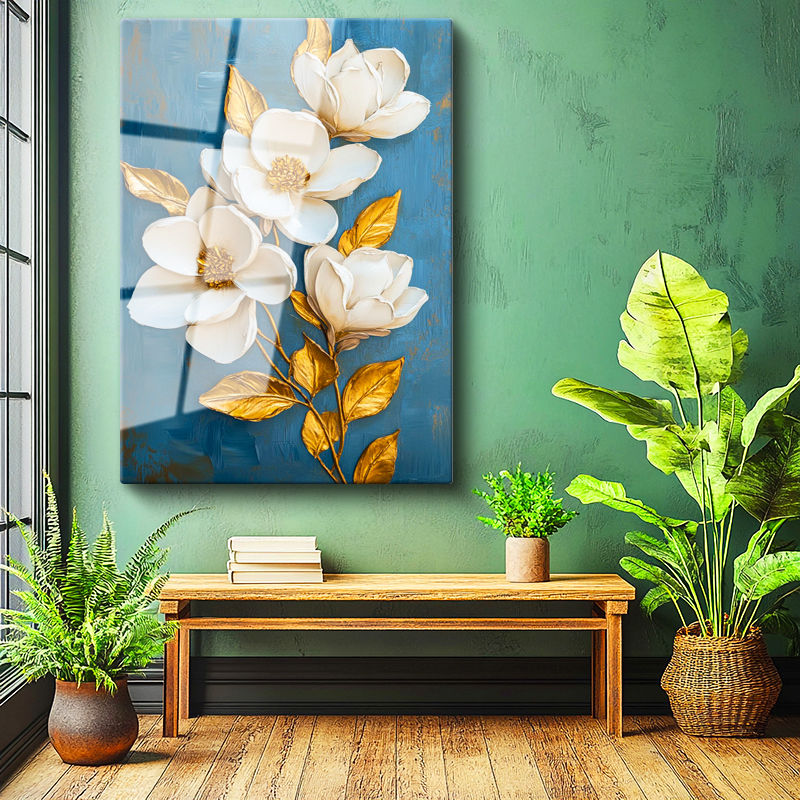 Tamperli Gerçek Cam Tablo Mavi Zeminli Altın Manolya Çiçek Tablosu Duvar Dekoru