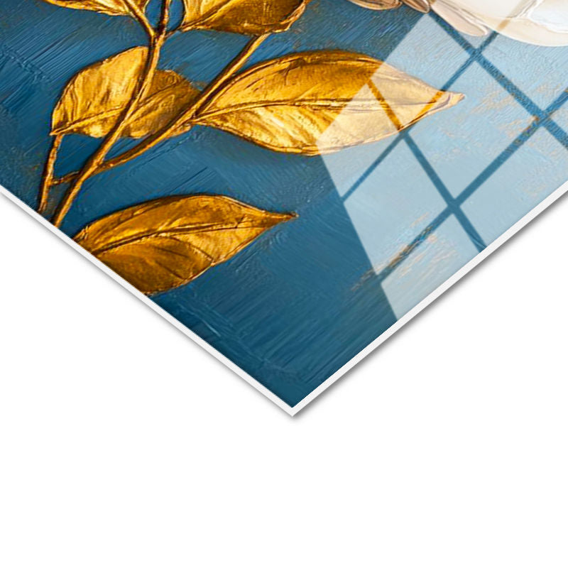 Tamperli Gerçek Cam Tablo Mavi Zeminli Altın Manolya Çiçek Tablosu Duvar Dekoru