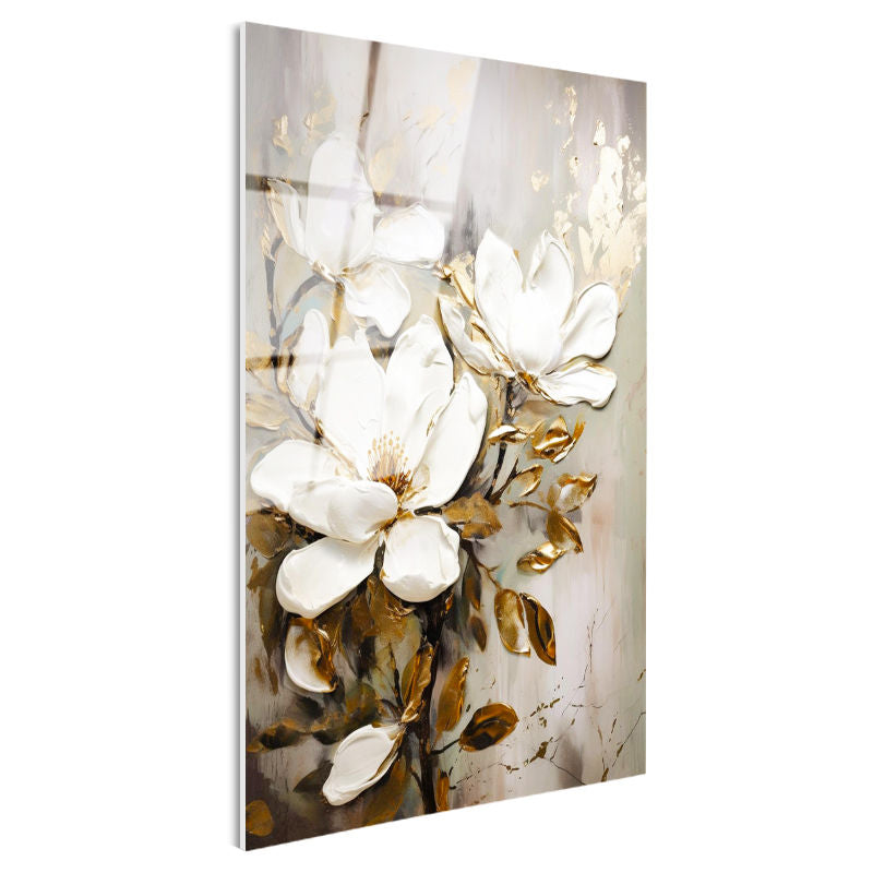 Tamperli Gerçek Cam Tablo Altın Dokunuşlu Beyaz Manolya Çiçek Tablosu Duvar Dekoru