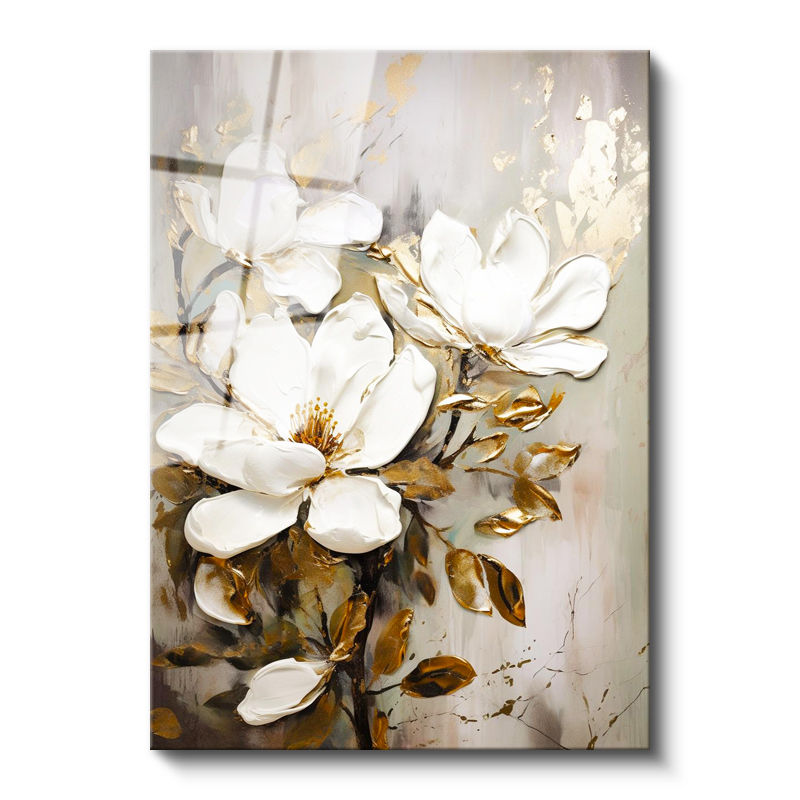 Tamperli Gerçek Cam Tablo Altın Dokunuşlu Beyaz Manolya Çiçek Tablosu Duvar Dekoru