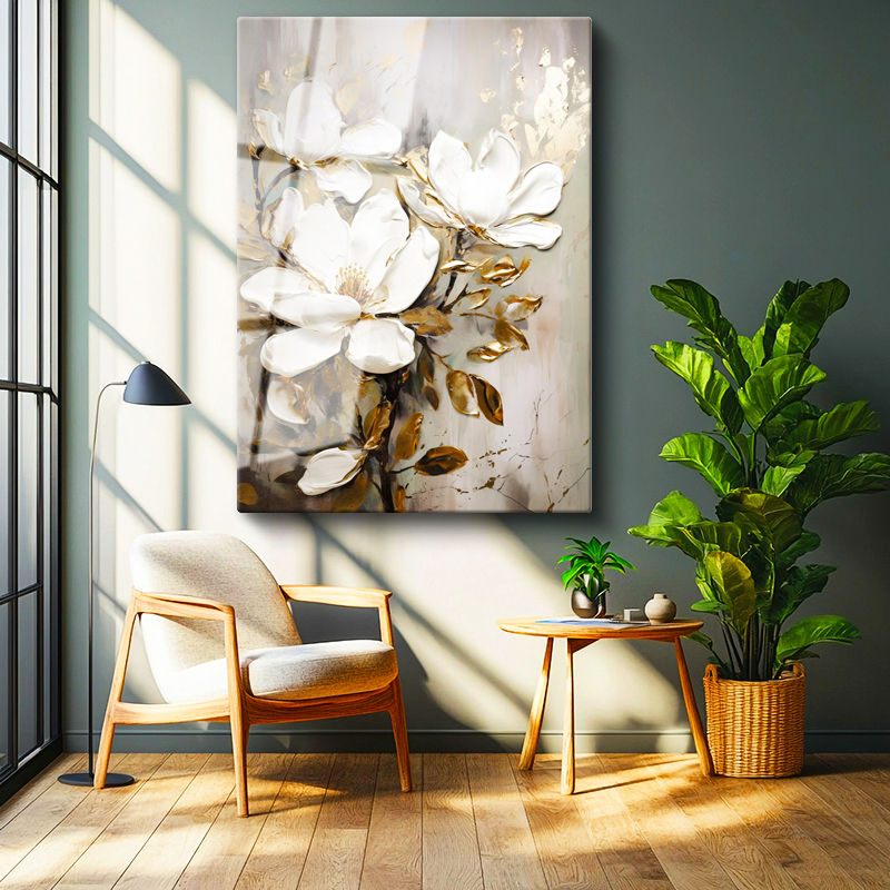 Tamperli Gerçek Cam Tablo Altın Dokunuşlu Beyaz Manolya Çiçek Tablosu Duvar Dekoru