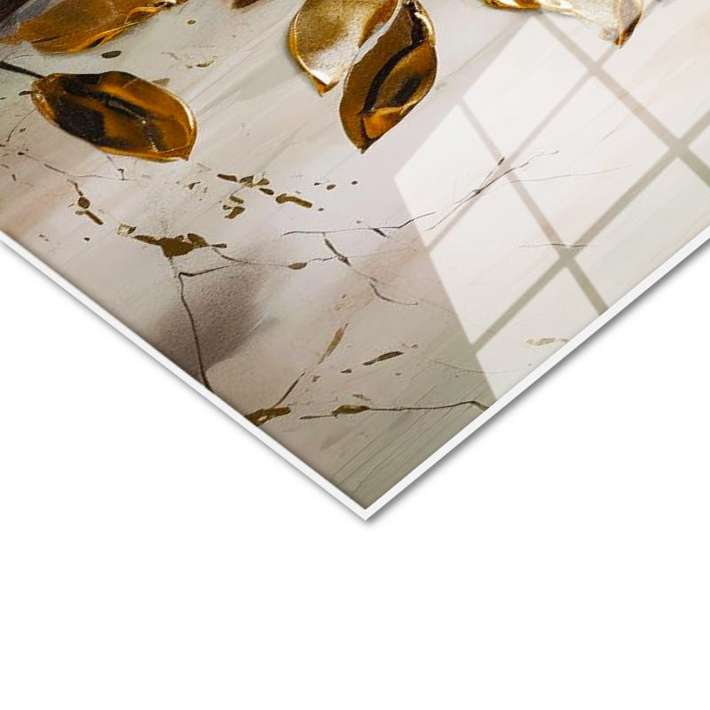 Tamperli Gerçek Cam Tablo Altın Dokunuşlu Beyaz Manolya Çiçek Tablosu Duvar Dekoru