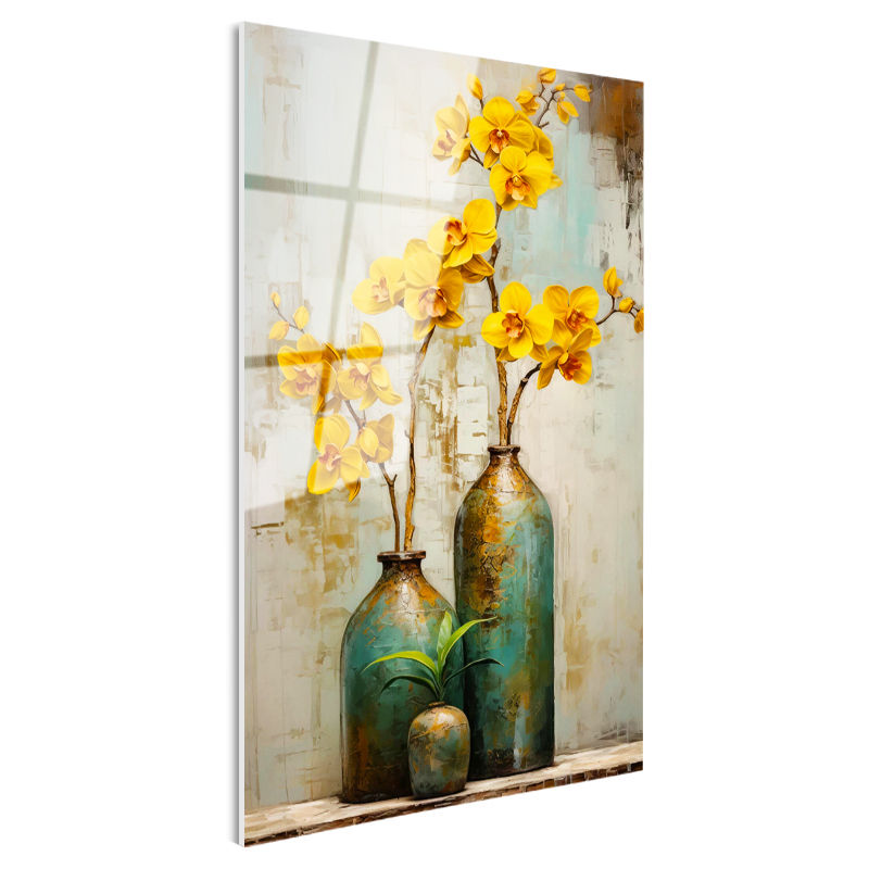 Tamperli Gerçek Cam Tablo Vazoda Orkide Çiçek Tablosu Duvar Dekoru