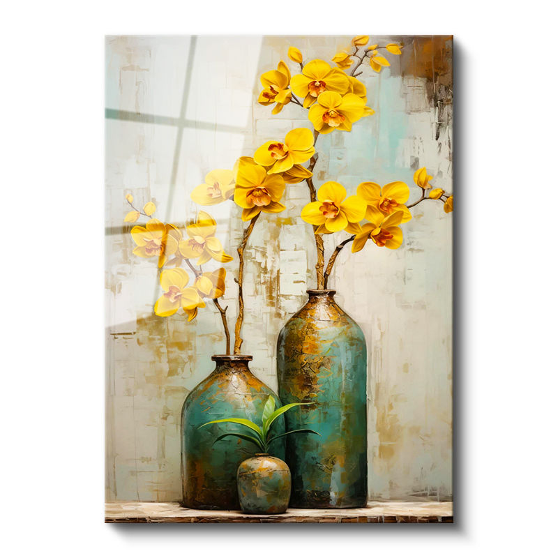 Tamperli Gerçek Cam Tablo Vazoda Orkide Çiçek Tablosu Duvar Dekoru