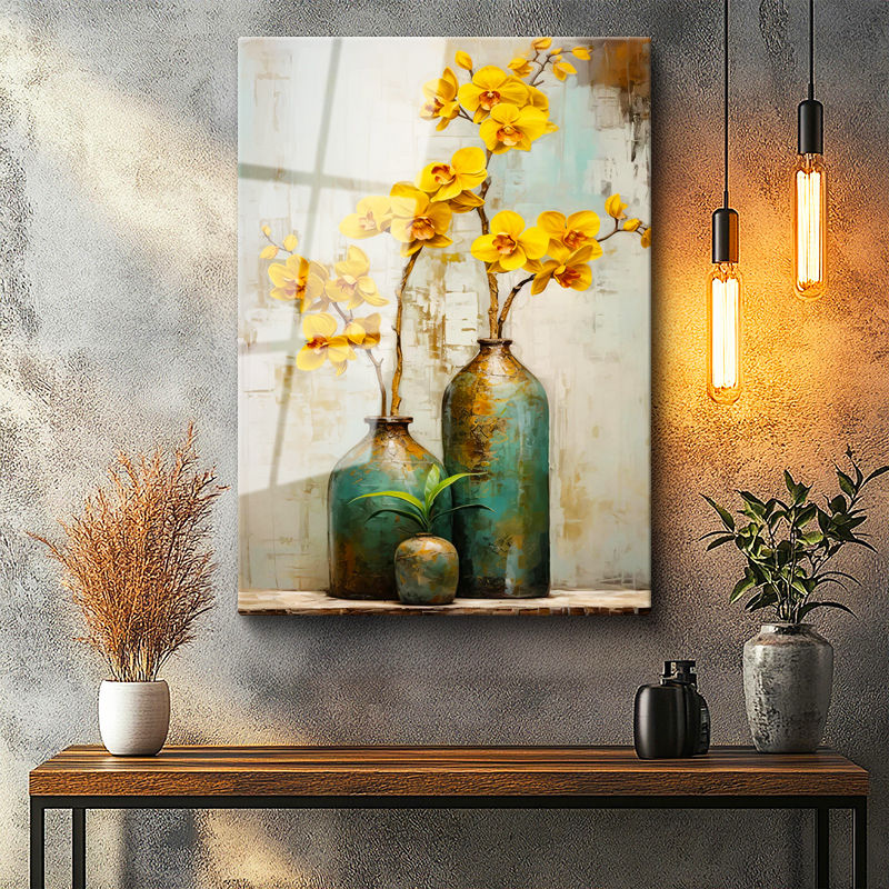 Tamperli Gerçek Cam Tablo Vazoda Orkide Çiçek Tablosu Duvar Dekoru