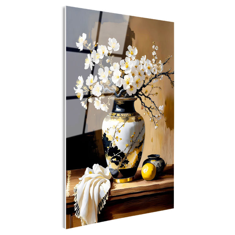 Tamperli Gerçek Cam Tablo Motifli Vazoda Bahar Dalı Çiçek Tablosu Duvar Dekoru