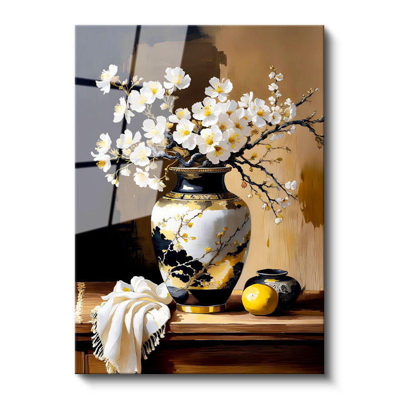 Tamperli Gerçek Cam Tablo Motifli Vazoda Bahar Dalı Çiçek Tablosu Duvar Dekoru