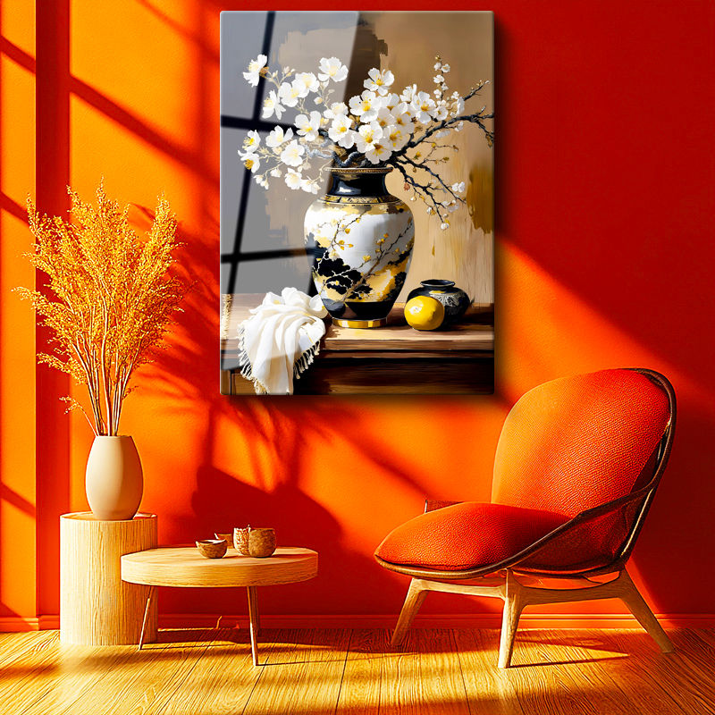 Tamperli Gerçek Cam Tablo Motifli Vazoda Bahar Dalı Çiçek Tablosu Duvar Dekoru