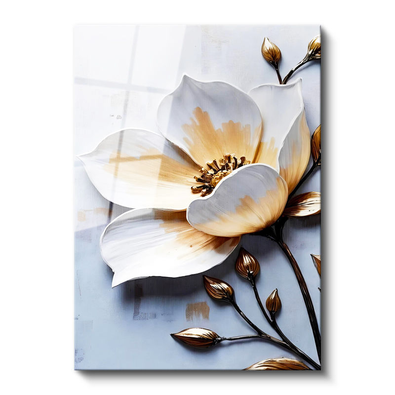 Tamperli Gerçek Cam Tablo Metalik Tomurcuklu Çiçek Çiçek Tablosu Duvar Dekoru